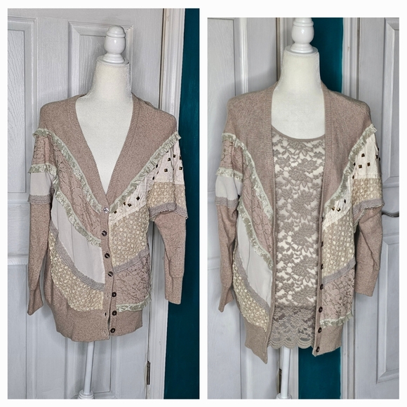 Taupe Cream Mixed Media Sweater Cardigan from Buckle Small NWOT - Picture 1 of 15